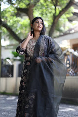 Premium Floral Printed Rayon Anarkali Suit with Organza Dupatta, Jerry Thread & Sequin Embroidery, Scallop Lace Detailing