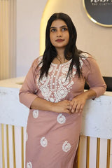 Lucknowi Hand Embroidered Soft Chanderi Chikankari Kurti with Round Neck, 3/4th Sleeves & Side Pocket