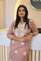 Lucknowi Hand Embroidered Soft Chanderi Chikankari Kurti with Round Neck, 3/4th Sleeves & Side Pocket