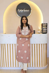 Lucknowi Hand Embroidered Soft Chanderi Chikankari Kurti with Round Neck, 3/4th Sleeves & Side Pocket