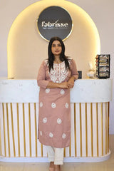Lucknowi Hand Embroidered Soft Chanderi Chikankari Kurti with Round Neck, 3/4th Sleeves & Side Pocket