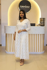 Silky Jacquard A-Line Princess Cut Kurti with Crepe Lining, Curve V-Neck & Lace Detailing on Neck and Sleeves