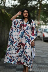 Crepe Modal Printed Kaftan with Curve V-Neck & Lace Detailing on Neck and Hem