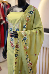 Premium Unstitched Silk Salwar Suit Material with Cut Beads & Thread Work
