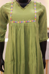 Chanderi Front-Pleated A-Line Kurti with Multicolor Thread Work