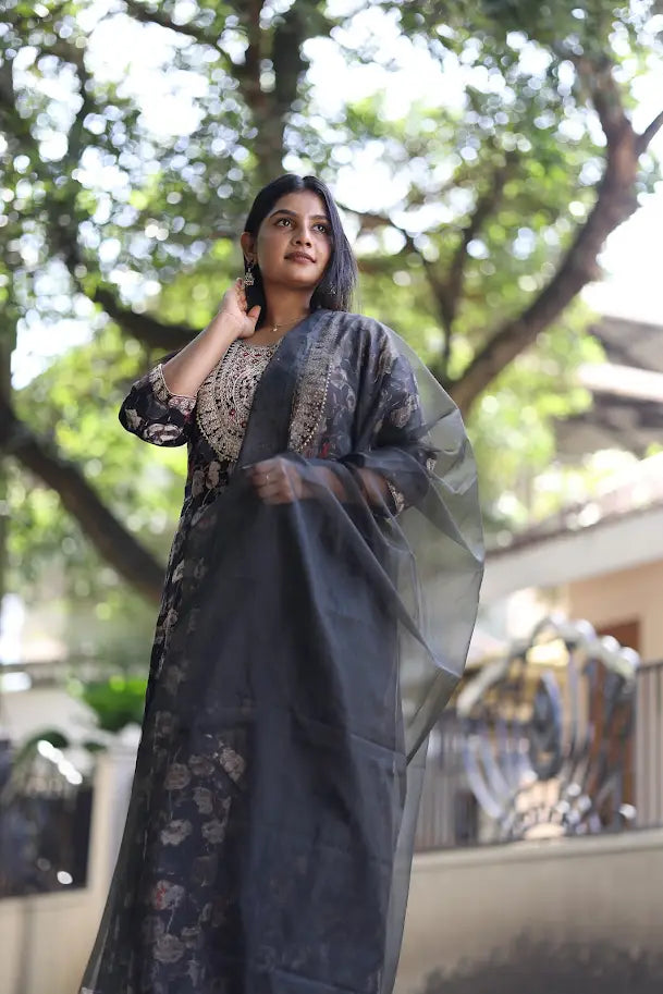 Premium Floral Printed Rayon Anarkali Suit with Organza Dupatta, Jerry Thread & Sequin Embroidery, Scallop Lace Detailing