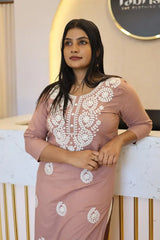 Lucknowi Hand Embroidered Soft Chanderi Chikankari Kurti with Round Neck, 3/4th Sleeves & Side Pocket