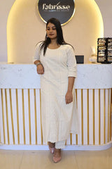 Cora Cotton Panel Kurti with Lace & Sequin Work, Round Neck, 3/4th Sleeves