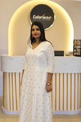 Silky Jacquard A-Line Princess Cut Kurti with Crepe Lining, Curve V-Neck & Lace Detailing on Neck and Sleeves