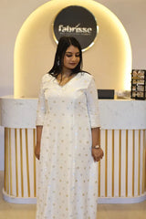 Silky Jacquard A-Line Princess Cut Kurti with Crepe Lining, Curve V-Neck & Lace Detailing on Neck and Sleeves