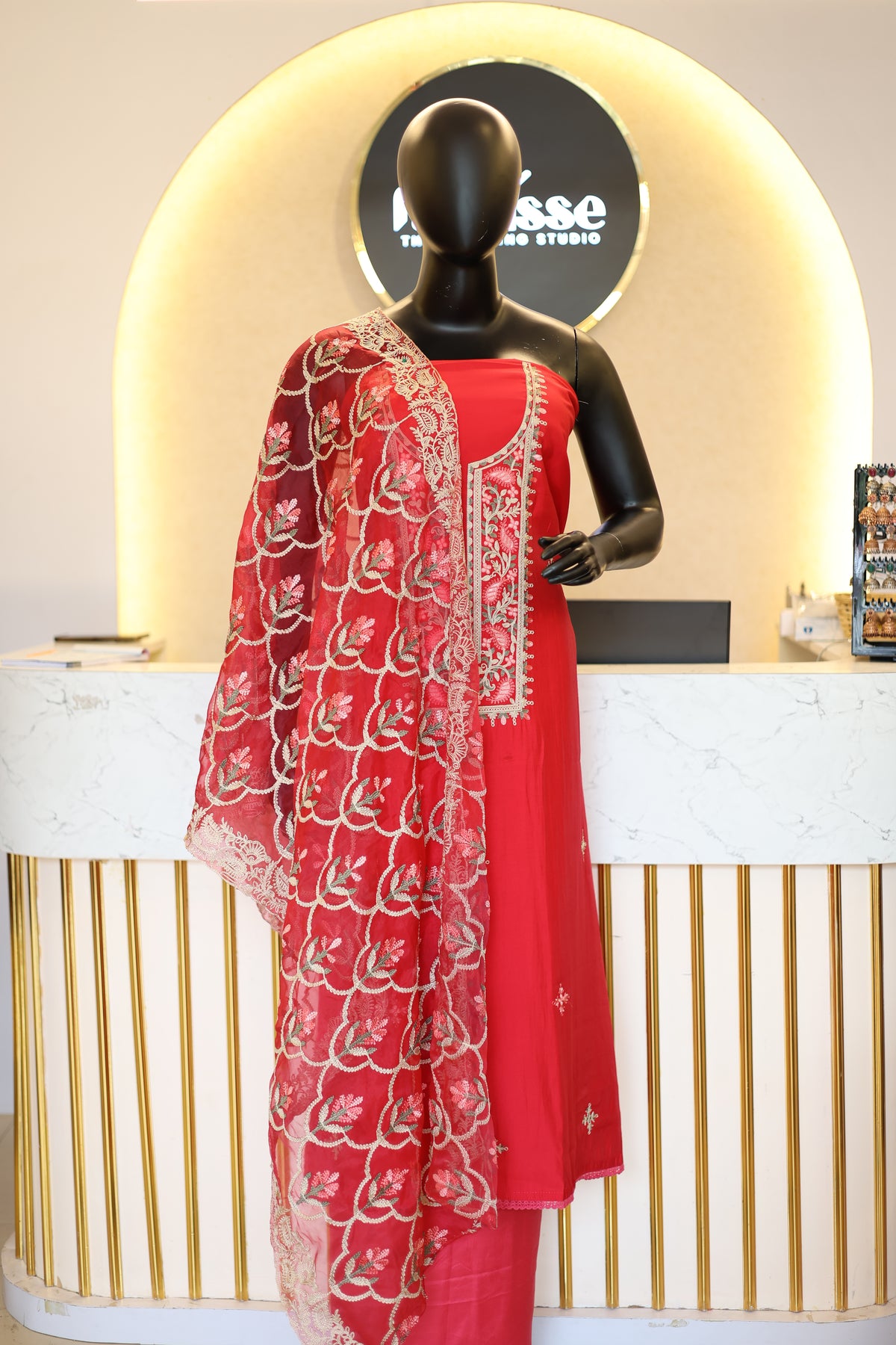 Premium Unstitched Silk Salwar Suit Material with Embroidered Organza Dupatta