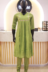 Chanderi Front-Pleated A-Line Kurti with Multicolor Thread Work